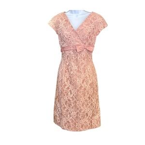Vintage 1950s Vanity Pink Peach Lace Cocktail Dress Satin Bow Waist Metal Zipper